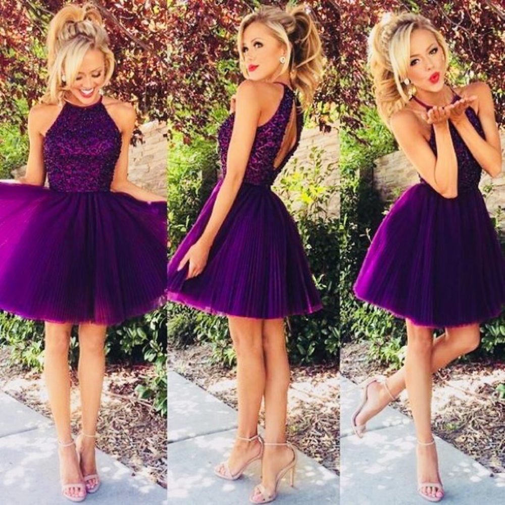 Purple Beaded Tulle Homecoming Dress